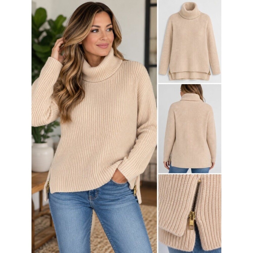 REISS Wool Blend Ribbed Turtleneck Sweater Side Zip Size S Beige